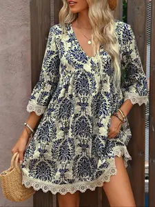 Women's All Over Print Plicated Scallop Trim V Neck Dress, Boho Fashion Casual 3/4 Sleeve Short Dress for Holiday Vacation Daily Wear, Ladies Dress for All Seasons