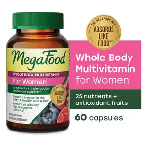MegaFood Whole Body Women's Multivitamin Multivitamin for Women Vitamin D3 K2, Magnesium Citrate, Folate, Biotin, Iron Brain, Heart, Skin & Hair & Immune Support 60 Capsules, 30 servings