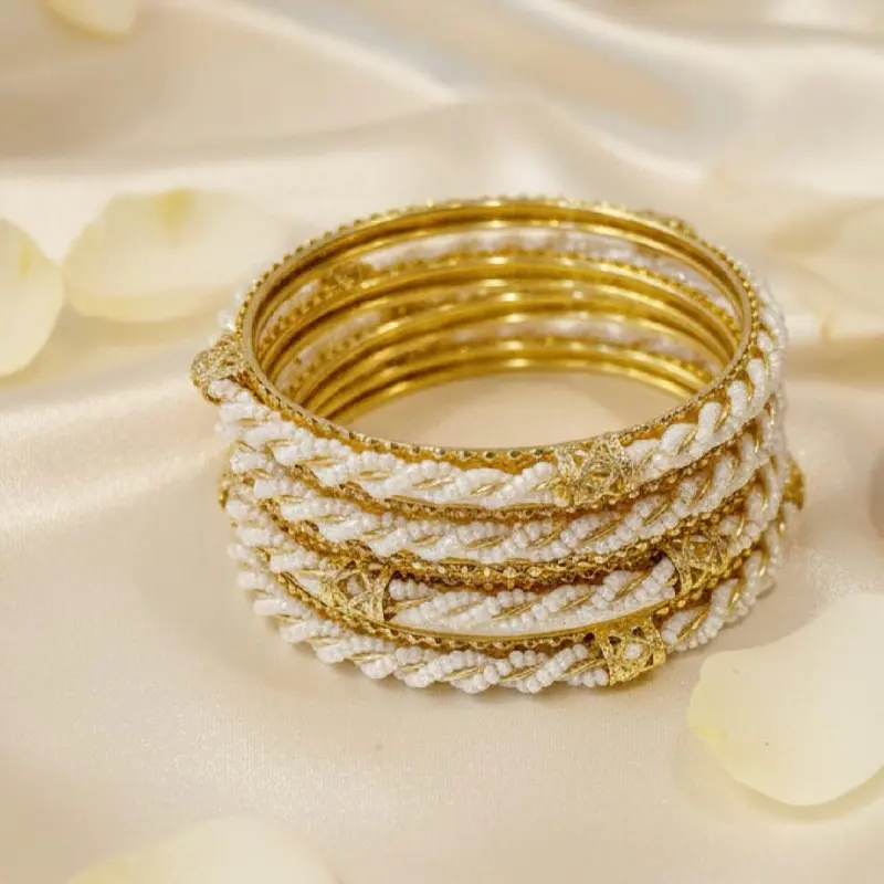 Golden Dreams Bangle - Elegant Gold-Tone Beaded & Pearl Accented Stackable Bracelet for Women