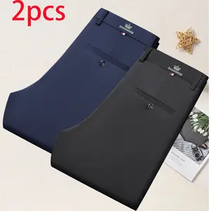 Pack of 2 men’s golf pants: stretchy, quick-drying, lightweight long pants; classic casual work dress pants with pockets; solid color, slim tapered fit; casual menswear. Suit Formal