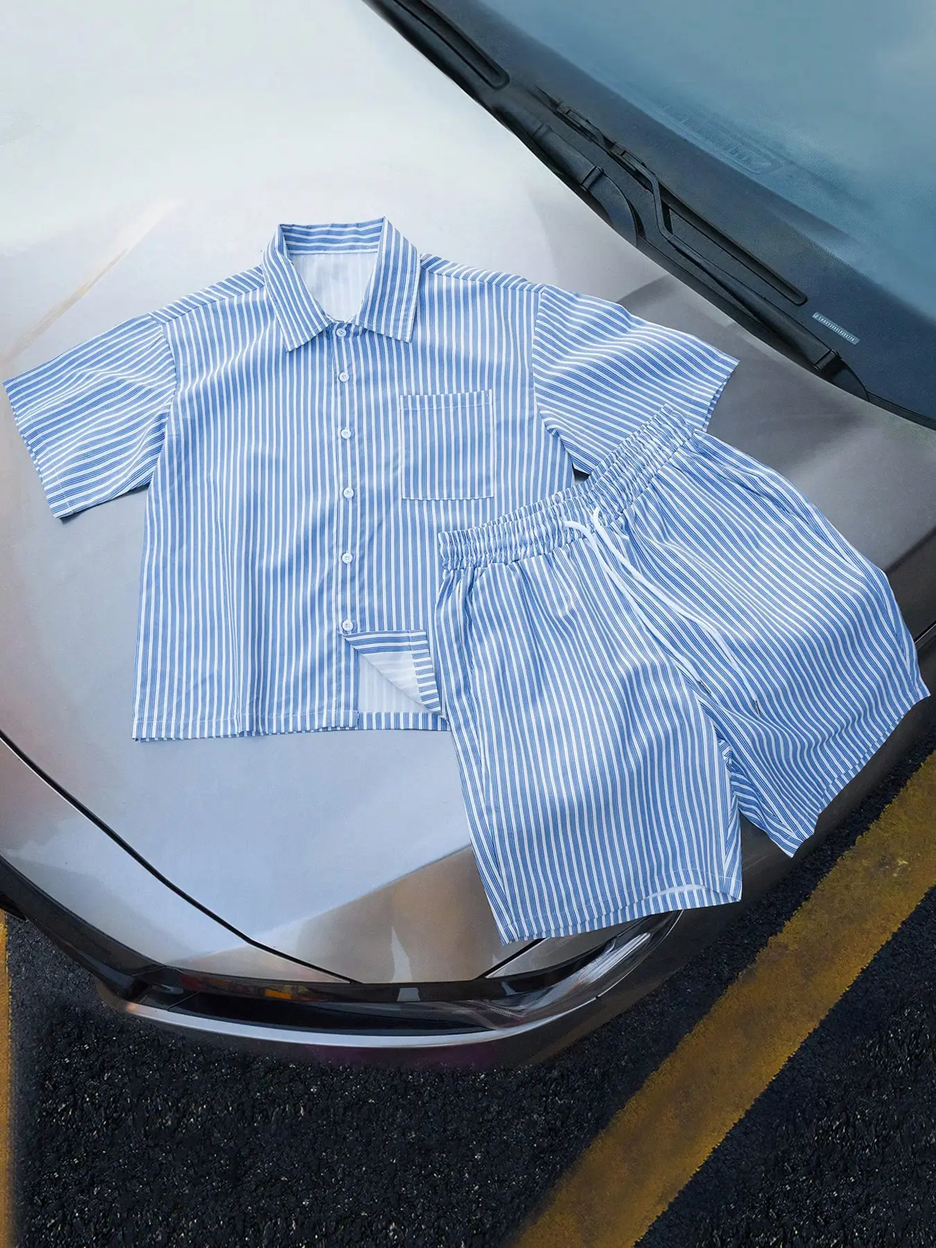 New Summer Fashion Two-Piece Set Outfit Matching Sets with Pocketed Top, Casual Loose Fit Perfect for Outdoor Fun, Comfortable and Stylish Summer Clothes, Thin, Stripe, Striped, Menswear