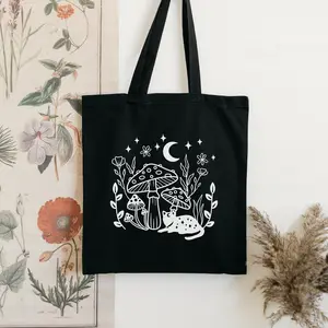 Cat with mushrooms black tote bag, cat tote bag, cat gifts for cat lovers, witchy tote bag, cat canvas bag, fall autumn bag, magical totebag