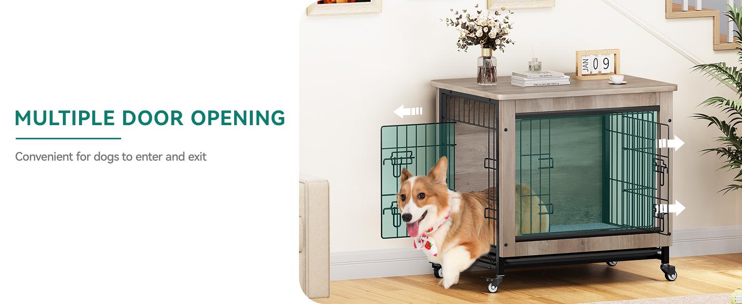 Yitahome Dog Crate Furniture with Cushion, Dog Kennel Indoor with Wheels, Dog Crate End Table with Tray, 27" Dog Cage with Double Doors for Small Dog