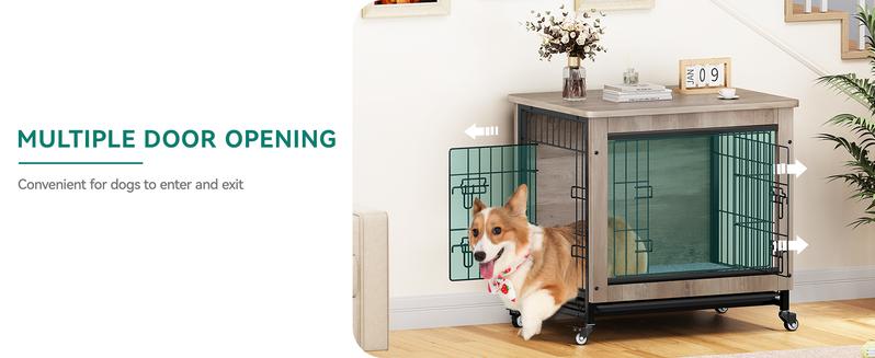 Yitahome Dog Crate Furniture with Cushion, Dog Kennel Indoor with Wheels, Dog Crate End Table with Tray, 27" Dog Cage with Double Doors for Small Dog