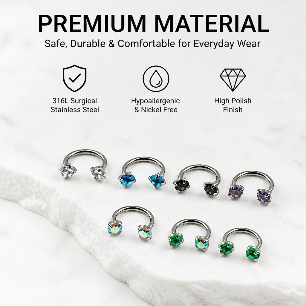 Nose Piercing Jewelry Set, 6pc 18G Internally Threaded Gem Horseshoe & Hoop Rings in 316L Titanium Steel with Guiding Needle