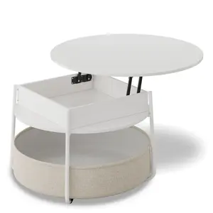 Sikaic Lift Top Round Coffee Table with Fabric Basket  Furniture Living Room Storage Modern