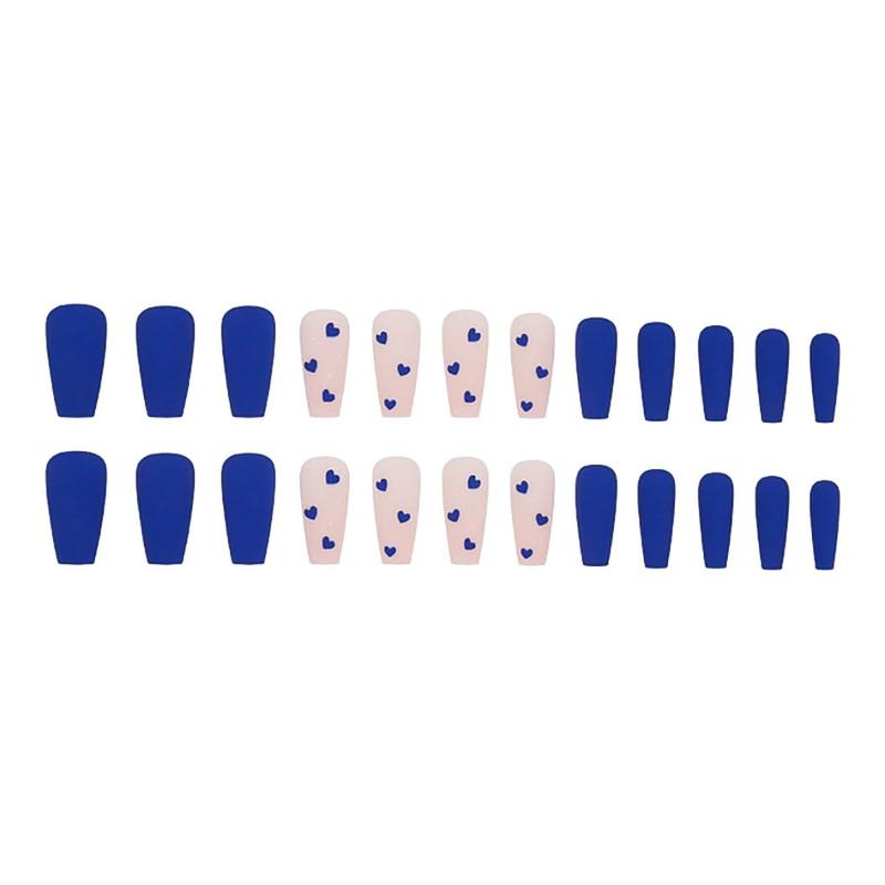 Long Fake Nails with Hearts Design Blue Nails Matte for Women 24 PCs/Set