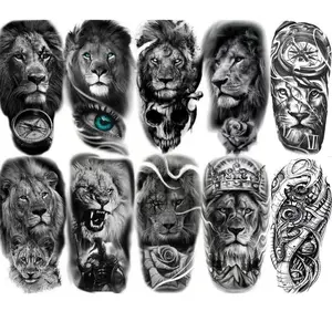 10 Counts/set Realistic Lion Temporary Tattoos for Men & Women - Waterproof Fake Tattoo Stickers with Tribal Eyes, Spartan Warrior, Skull & Compass Designs, Black & White Artwork for Adults