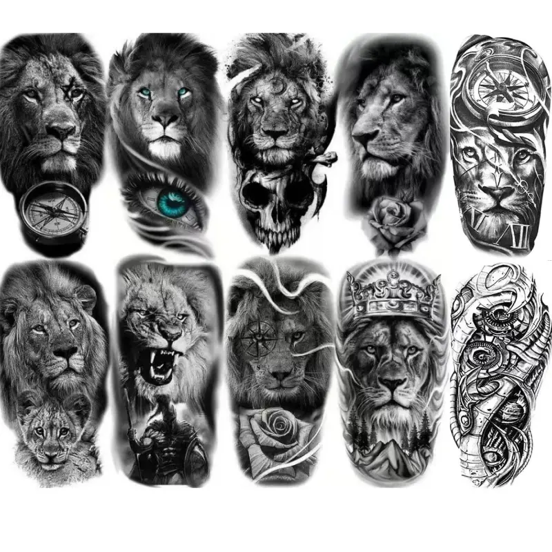 10 Sheets/Set Realistic Lion Temporary Tattoos for Adults - Waterproof Fake Stickers with Tribal Eyes, Spartan Warrior, Skull, Compass Designs, Black & White Artwork (Party Hats, Masks & Accessories)
