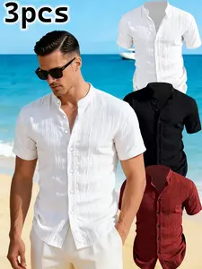 Men's Summer Short Sleeve Shirts Set, Lightweight Breathable Solid Color Button Casual Shirts, Stand Collar, Beach Vacation Pool Party, Top