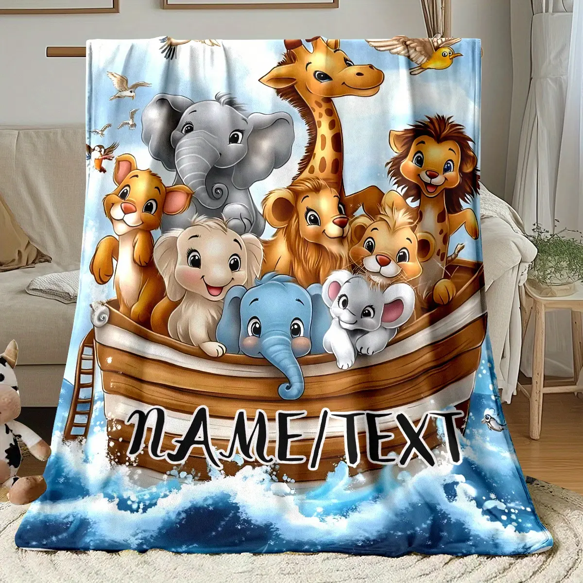 Personalized Noah's Ark Safari Animals Print Throw Blanket, Custom Name Kids Themed Cozy Blanket, Soft Fluffy Lightweight Blanket for All Seasons, Anti-Pilling Washable Decorative Blanket