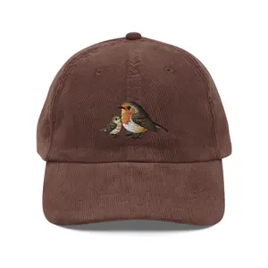Embroidered Bird Hat Robin and Baby Vintage corduroy cap
