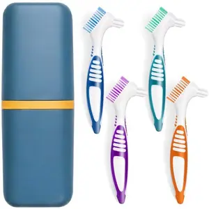 4Pcs Denture Brushes with Carrying Case, Hard Double Sided Denture Cleaning Brush Heads for False Teeth Cleaning