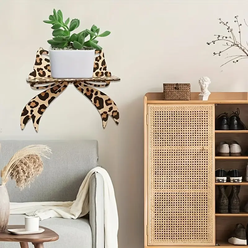 Leopard Print Bow Wall Shelf Unit, Wooden Crystal Display Stand, Decorative Hanging Jewelry Rack for Bedroom Living Room Vanity, Wall Mounted Organizer