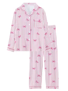 Teen Girls' Fall Winter Pajama Set, Striped Bow Tie Design, Long Sleeve & Pants, Casual All-Season Sleepwear, Comfortable, Ribbon Pajamas, Pyjama, Striped Print Pajama