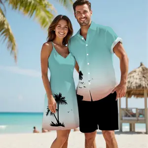 DRESSLILY 2026 Vacation Couple Outfit Women's Ombre Coconut Tree Spaghetti Strap Tank Dress and Men's Roll Up Sleeve Shirt Solid Color Drawstrings Beach Short Matching Outfit