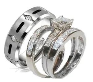 Edwin Earls His & Hers 4 Piece Princess Cz Wedding Band Ring Set Sterling Silver & Titanium