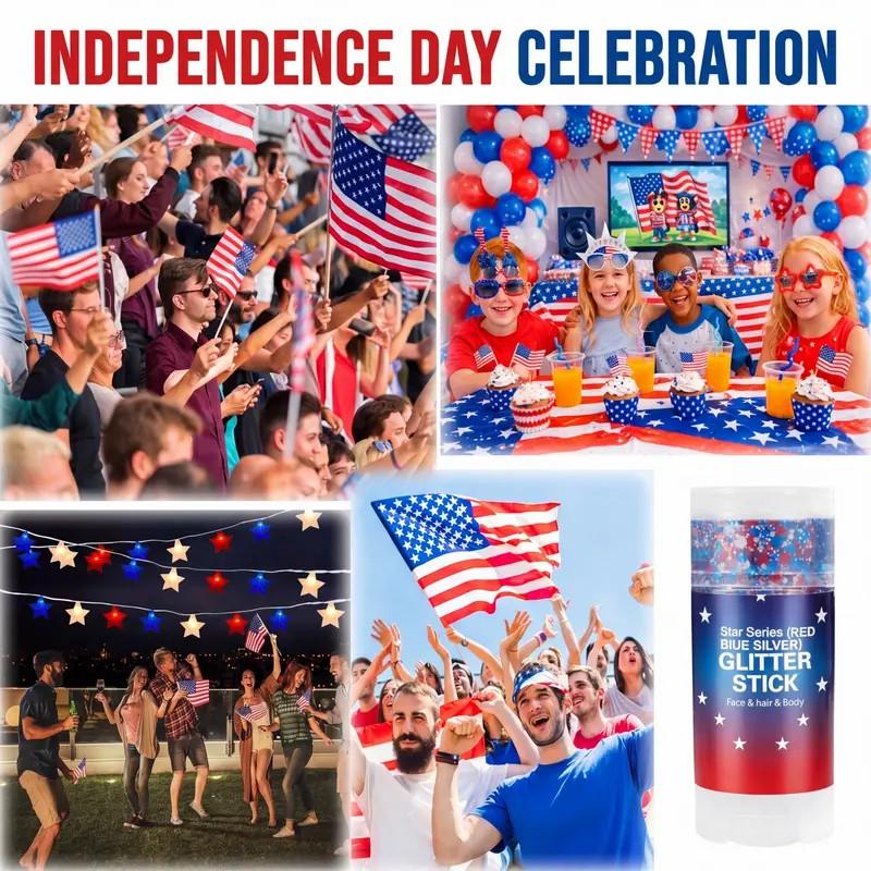 4th of July Glitter Stick | Red, White & Blue Body & Hair Sparkle for Independence Day Party, Festival & Fun Holiday Look