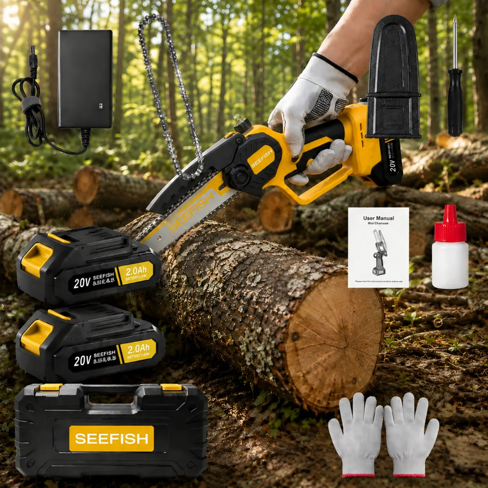 Handheld electric chainsaw, wireless mini chainsaw, portable electric chainsaw, rechargeable battery and toolbox, used for tree pruning, wood cutting and garden yard work
