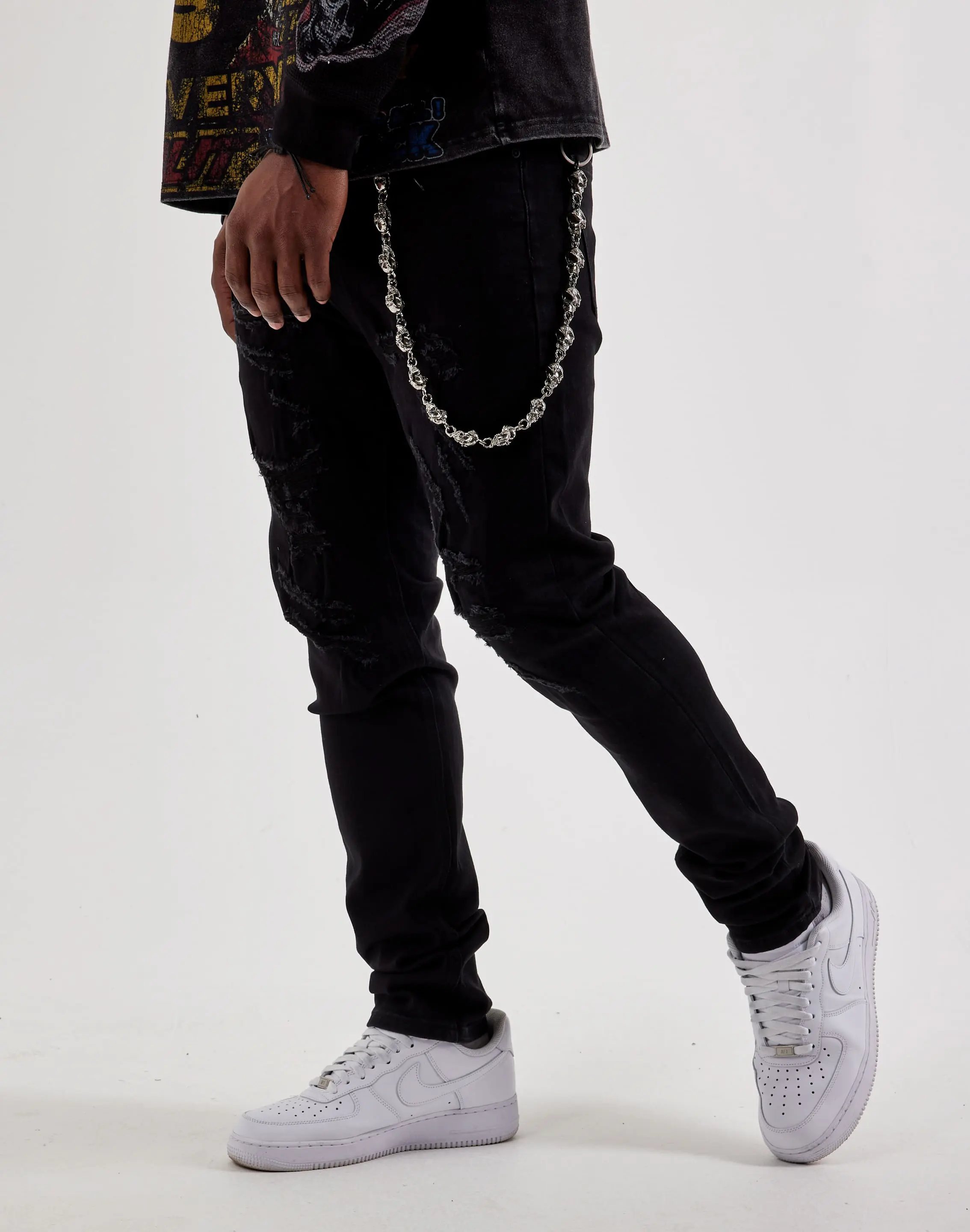 Mens WAIMEA Slim Distressed Skull Chain Denim Jeans