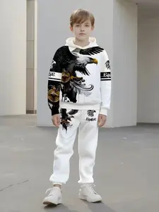 Bold Eagle Kids Set: Hooded Sweatshirt + Drawstring Pants, Casual Fall & Winter, All over Print, Hoodies