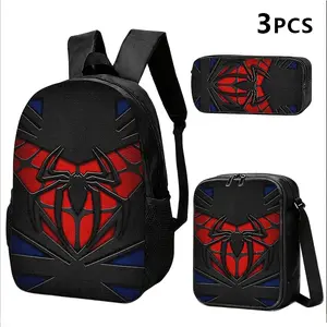 Superhero Spider Logo Backpack Set, 3PCS Kids School Bag + Lunch Box + Pencil Case, Water Resistant, Lightweight, Fits 15-inch Laptop, Breathable Straps, Red & Black Web Design for Fans