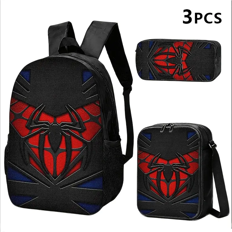Superhero Spider Logo Backpack Set, 3PCS Kids School Bag + Lunch Box + Pencil Case, Water Resistant, Lightweight, Fits 15-inch Laptop, Breathable Straps, Red & Black Web Design for Fans