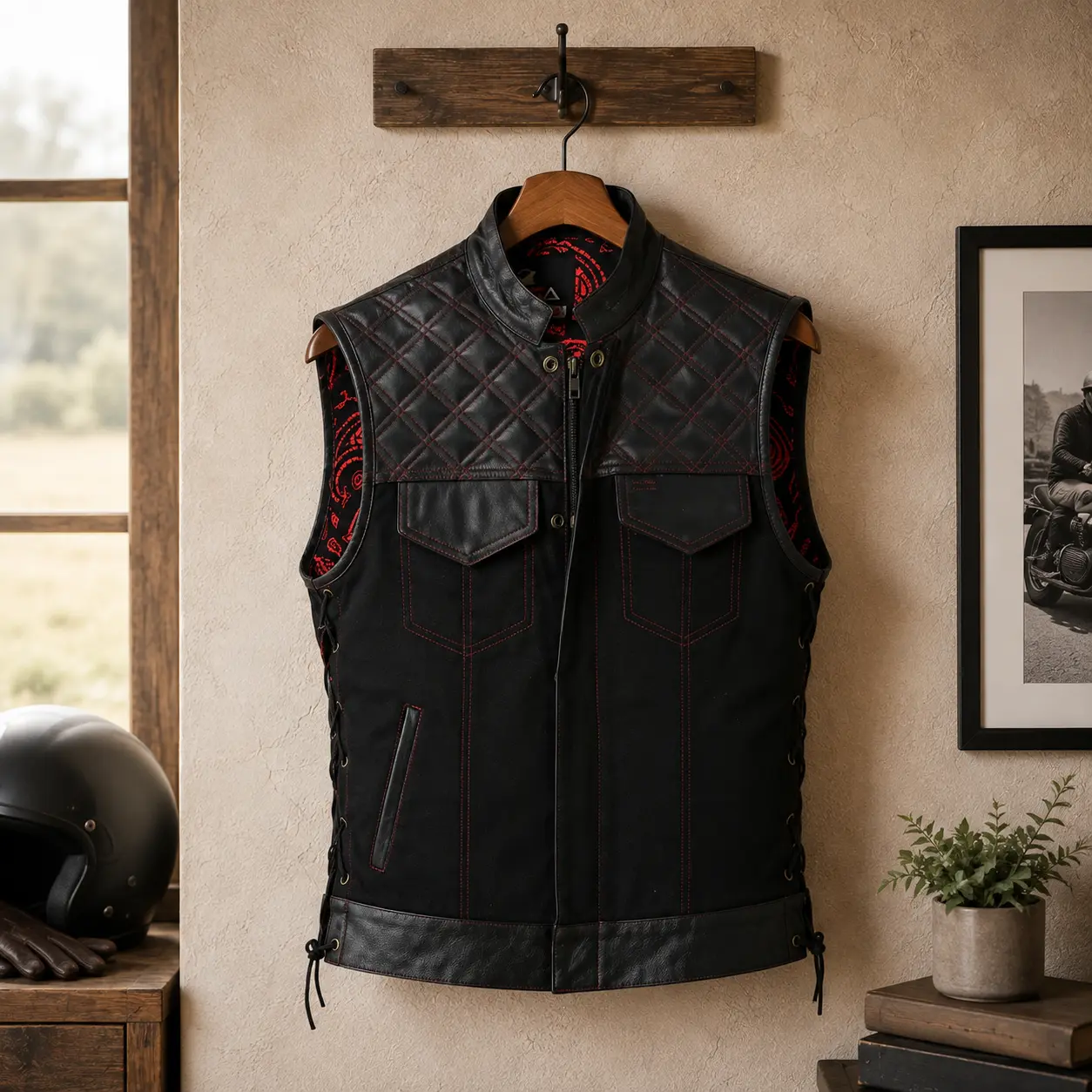 Men’s Quilted Denim & Leather Motorcycle Vest – Diamond Stitch Biker Vest with Side Laces, Dual Closure & Concealed Carry Pockets