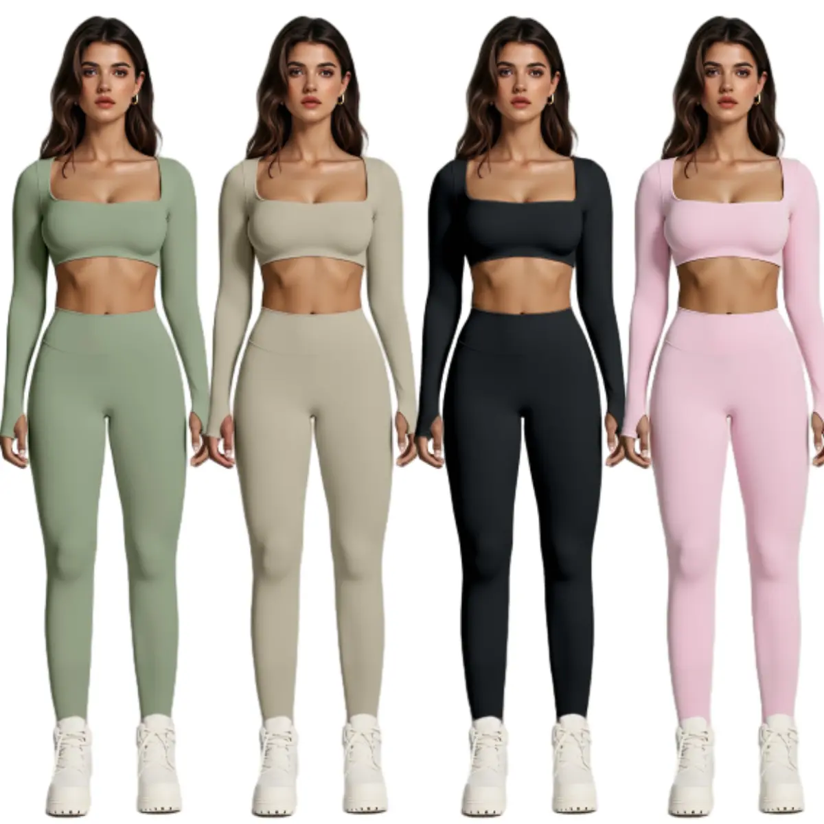 Women's Yoga Workout Set - Long Sleeve Square Neck Crop Top & High Waist Leggings for Yoga & Gym Ruched Sports Flare Fitness Suit