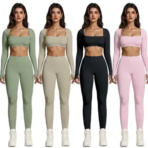 Women's Yoga Workout Set - Long Sleeve Square Neck Crop Top & High Waist Leggings for Yoga & Gym Ruched Sports Flare Fitness Suit