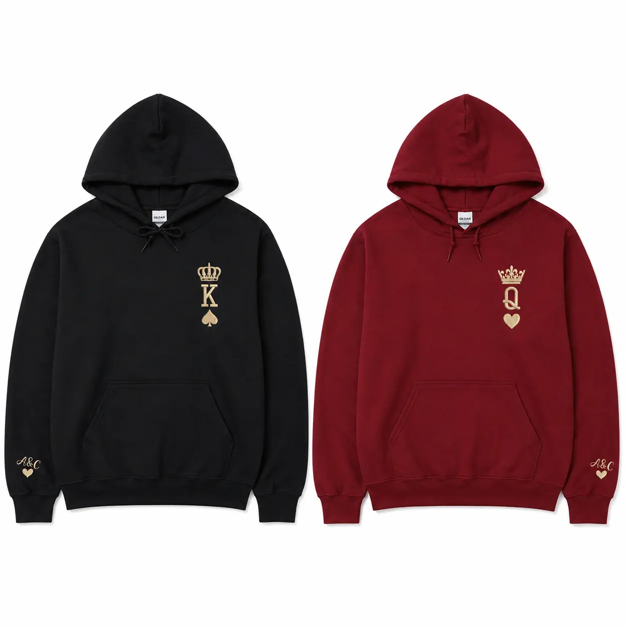 Custom King and Queen Embroidered Hoodies for Couple – Matching Couple Hoodie With Initials Date, Anniversary Gift, Valentine Day