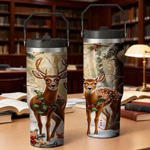 Stainless Steel Travel Tumbler Black Christmas Deer And Fawn With Holly Pattern For Holiday Office And Outdoor Use