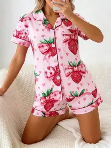 Women's Short Sleeve Button Down Top and Shorts Pajama Set, Pyjama Set, Spring Summer Wear, Japanese Kawaii Girls, Pink Base Strawberry Bow Heart Print, Small Lapel Collar, Slim Fit, Comfortable For Daily Home Wear, Cozy Loungewear