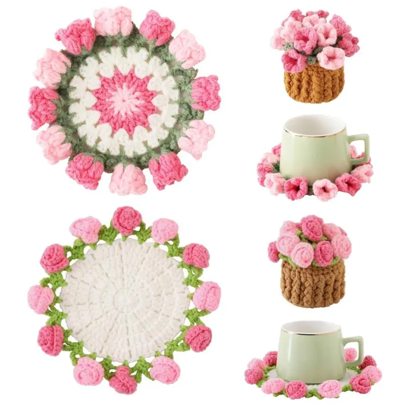 4 Pcs Handmade Crochet Flower Coasters Set with Decorative Basket, Pink Rose & Gradient Pink Lily‑of‑the‑Valley Cotton Yarn Coasters, Heat Resistant Drink Mats, Boho Home Table Decor, Ideal Holiday & Daily Gift
