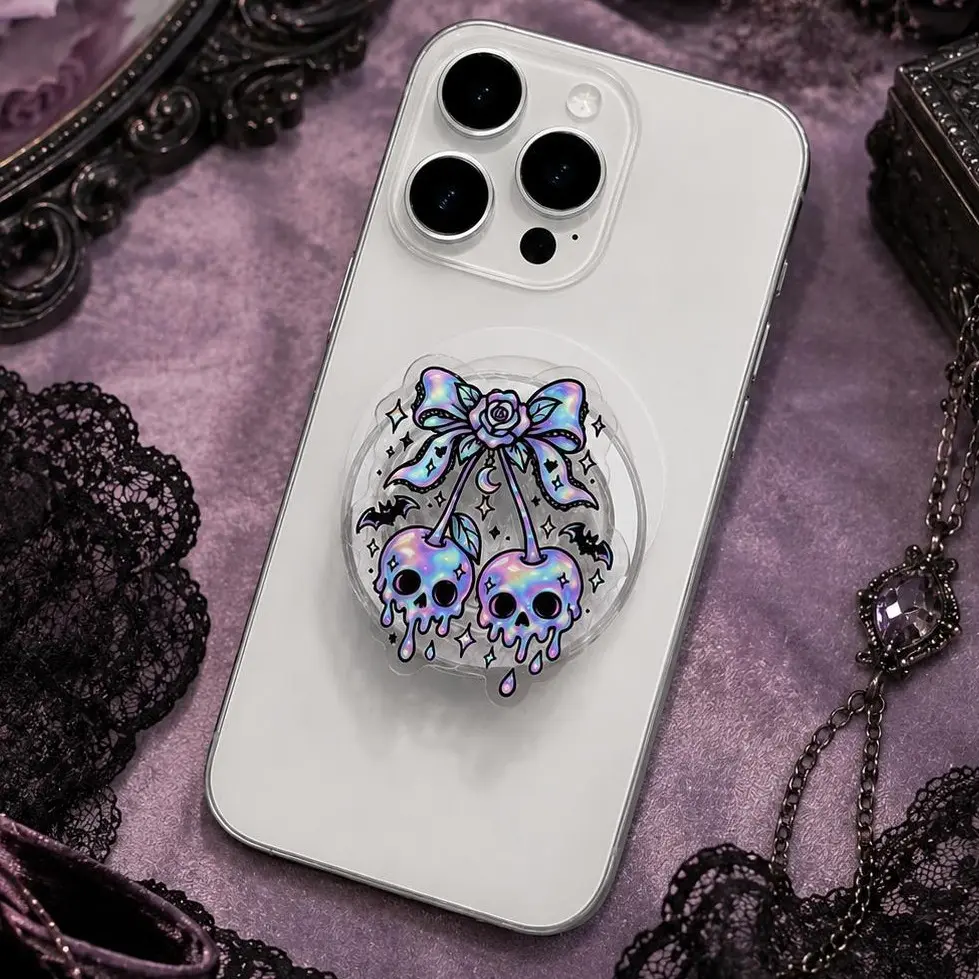 Gothic Skull Cherry MagSafe Phone Grip – Pastel Purple Rose Bow Magnetic Phone Holder & Kickstand – Cute Dark Aesthetic Gift