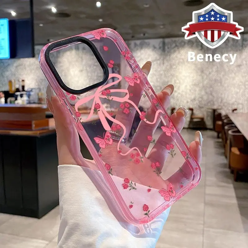 Case for iPhone 16 Pro Max 15 Plus 14 13 12 11 Bow with Wildflower Non-Yellowing Shockproof Clear slim Protective Softcase
