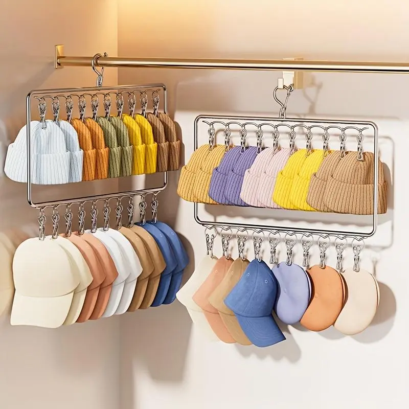 1pc Multifunctional Stainless Steel Hanging Hat Organizer with Hanging Mount - 2-Tier, 20 Clips for Hats, Socks, Underwear, Space-Saving Closet Storage Hanger for Home, Dorm, Laundry Accessories, Plastic Clothespins