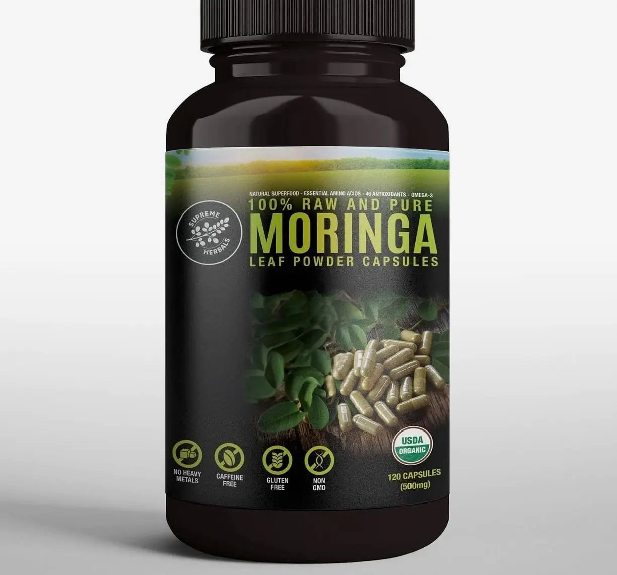 100% Raw and Pure Moringa Leaf Powder Capsules. Organic Certified Moringa Leaf. Natural Superfood with Essential Amino Acids, Antioxidants and Omega 3, 500mg, 120 Capsules.