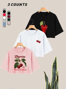 women's cherry & letter print round neck tee, casual short sleeve crew neck t-shirt for daily wear, ladies clothes for all seasons