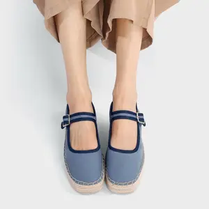 Women's Classic Mary Jane Platform Flats - Casual Breathable Rubber Shoe with Buckle Strap, Woven Espadrille Outsole