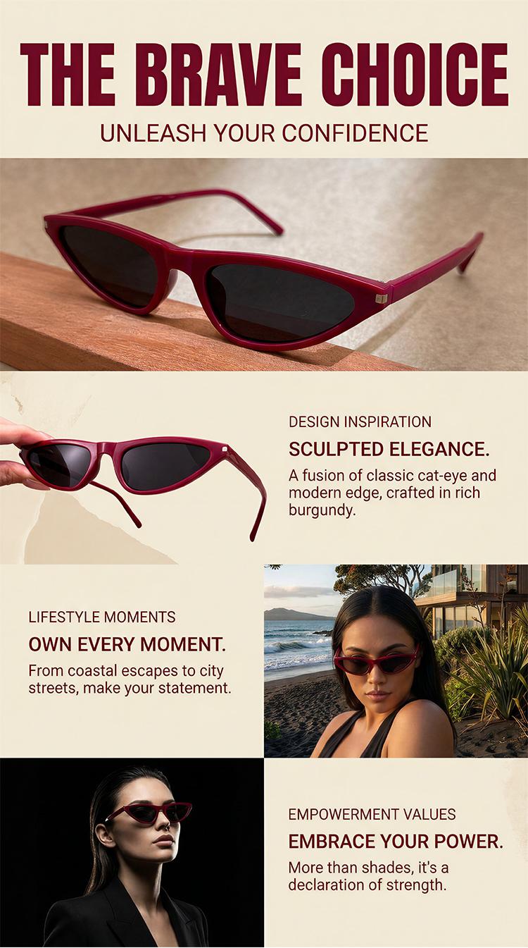 Women's Stylish Geometric Cat Eye Sunglasses - Lightweight Burgundy Frame, Dark Lenses, Sleek Modern Eyewear for Casual Outfits
