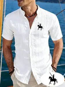 New men's casual stand up collar cardigan shirt | Knight Rider silhouette print, lightweight and breathable wrinkled fabric, suitable for cruise vacations, beach holidays, daily street wear, and summer outdoor activities. Mature adult men