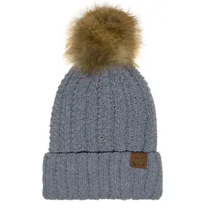 C.C Thick Cable Knit Faux Fur Pom Beanie - CC Winter Warm Hat CH820