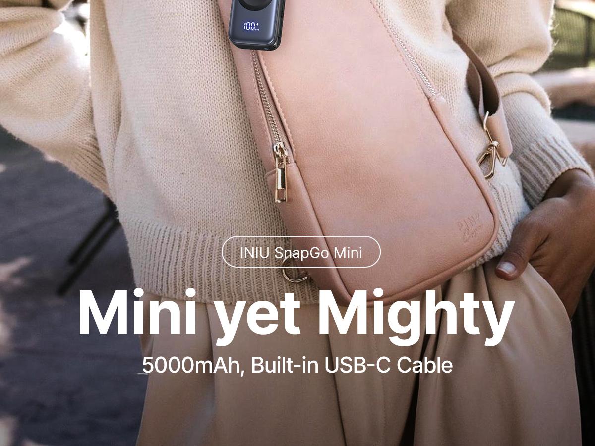 INIU P81 SnapGo Mini 5000mAh Power Bank with Built-in USB C Cable & Keychain for Apple Watch Ultra SE 2/3 Series iPhone Air 8 ~ 17 Airpods Series 20W Fast Charging Lightweight LED Display Portable Charger EDC Travel Battery Pack Phone Charger Perfect Gift