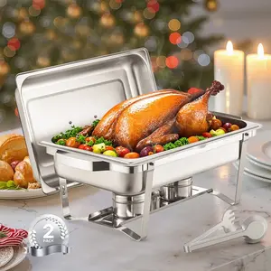 8 Qt Rectangle Chafing Dish Buffet Set, 2-Pack, Full-Size Stainless Steel Serving Pans For Catering And Events, Durable, Easy To Clean, Food Warmer Pans Compatible With Sterno Stands, Great For Banquets And Receptions