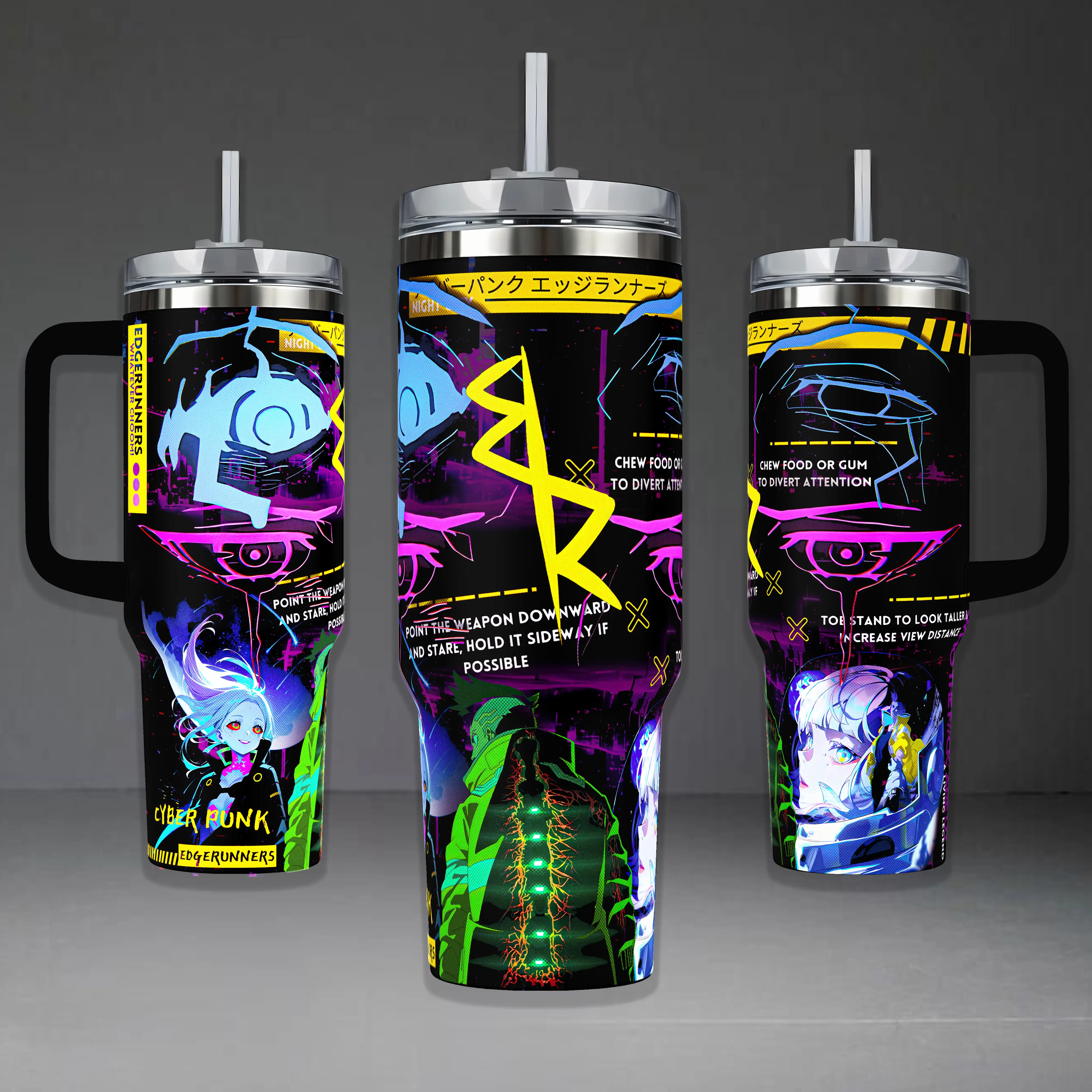Cyberpunk Edgerunners Graphic Tumbler, David and Lucy Night City 40oz Cup with Handle, Sandevistan Neon 20oz Stainless Steel Travel Mug, Anime Fan Gift, Edgerunners Inspired Insulated Tumbler Featuring Epic Glitch Art Design.