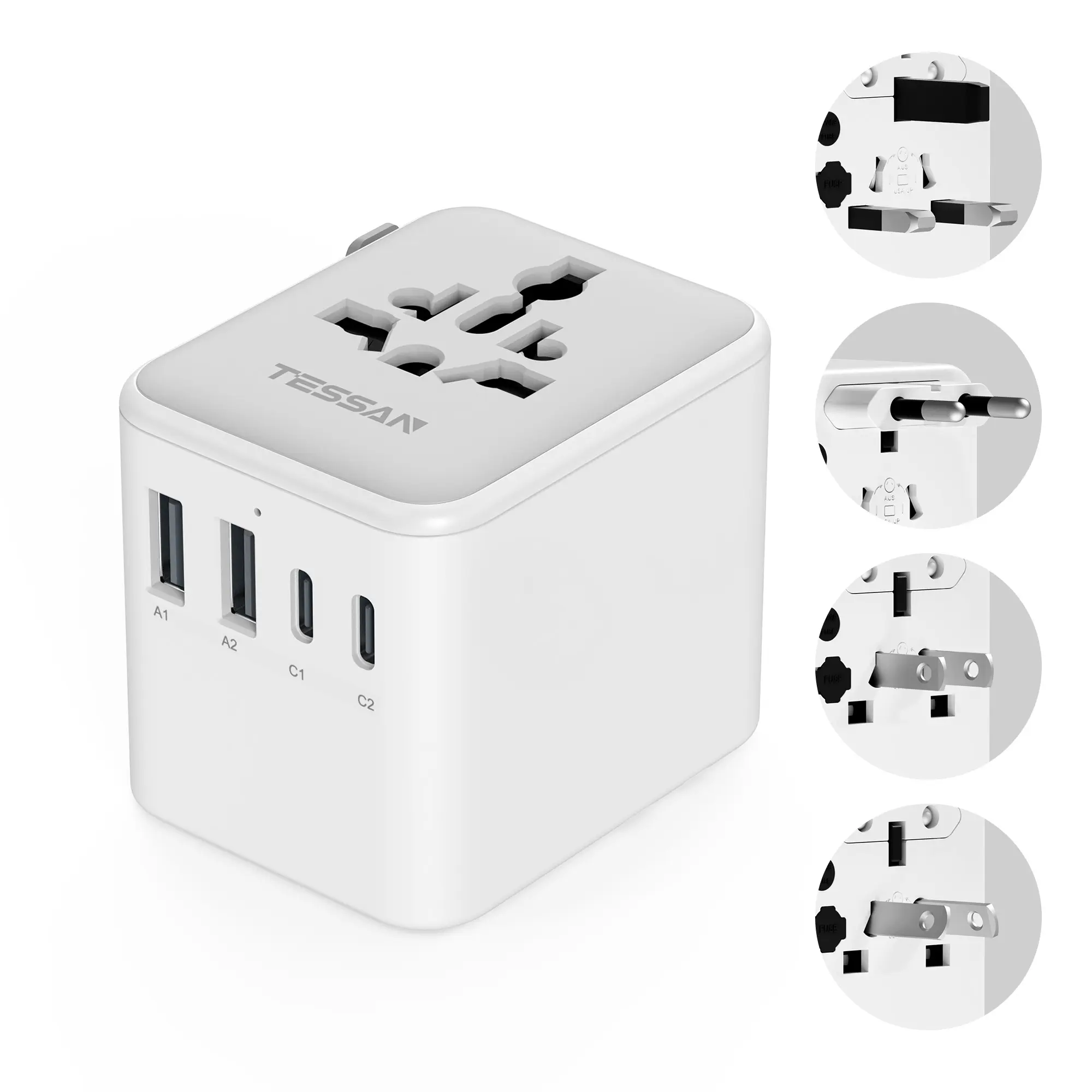 TESSAN Universal Travel Adapter, International Power Adapter with 2 USB C 2 USB A Ports, Travel Plug Adaptor Worldwide for US to Europe UK Italy Ireland Australia France Germany(Type C G A I)