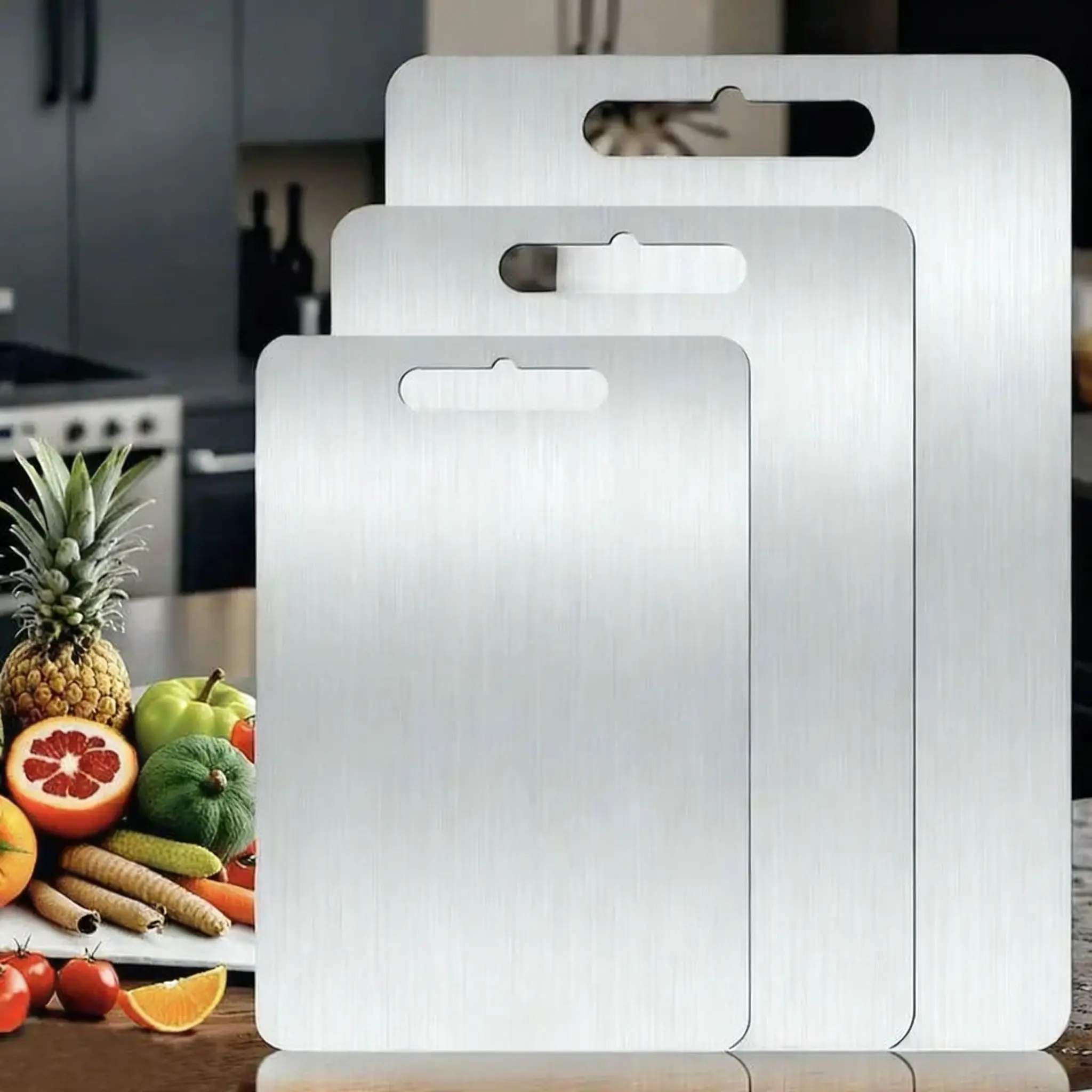3PCS Stainless Steel Cutting Board Set S M L Sizes Food Grade Metal Chopping Boards for Meat Vegetables Ultrathin Durable Portable Rust Resistant Easy to Clean Edge Smoothing Kitchen Tools Sustainable Cuttingboard