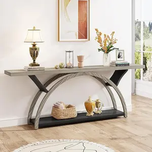 Tribesigns 70.87" Console Table with Storage Shelf, Narrow Long Sofa Table Behind Couch Table, 2-Tier Rustic Entryway Table with Half Moon Frame for Hallway Living Room, Gray & Black (Gray & Black)