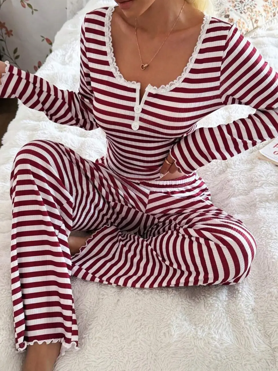 Women's 2-Piece Striped Pajama Set with Lace Trim, Burgundy Crop Top and Long Pants